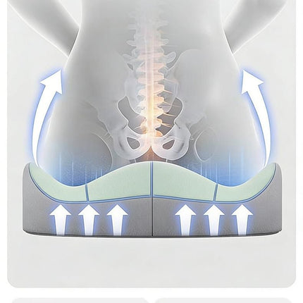 Seat cushion with lumbar support and central cutout, contoured for pressure relief