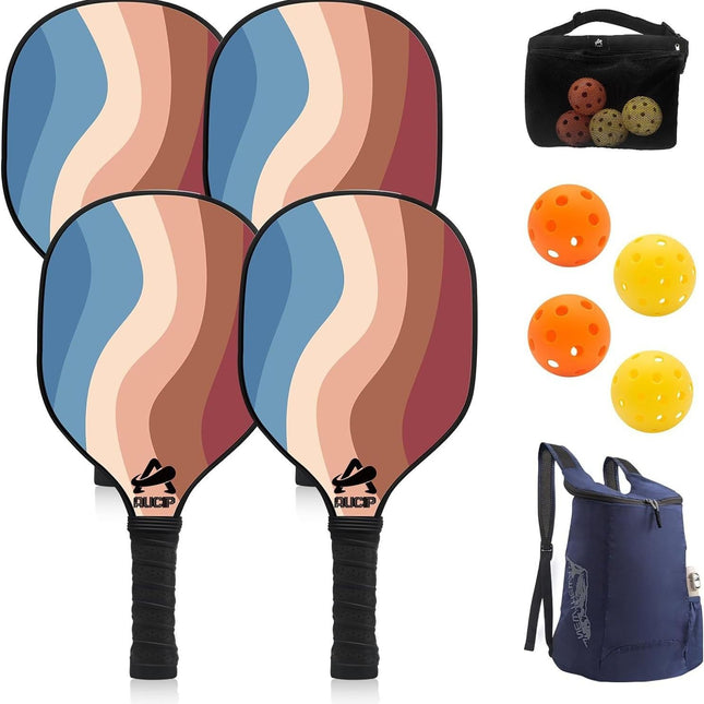Lightweight 9-Ply Hard Basswood Pickleball Paddle Set with Curved Stripes Design - 4 Durable Paddles + 4 Balls + Ball Mesh Bag + Carrying Backpack for Indoor & Outdoor Play - Professional Size Construction, Breathable Non-Slip Grip