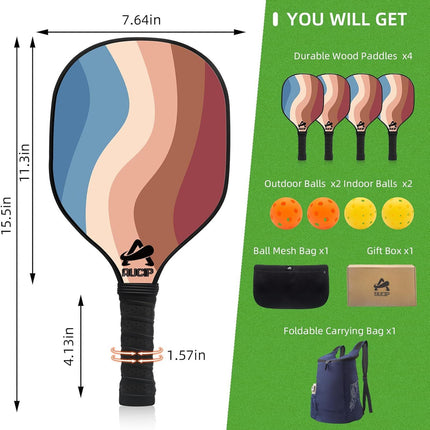 Lightweight 9-Ply Hard Basswood Pickleball Paddle Set with Curved Stripes Design - 4 Durable Paddles + 4 Balls + Ball Mesh Bag + Carrying Backpack for Indoor & Outdoor Play - Professional Size Construction, Breathable Non-Slip Grip