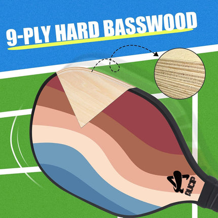 Lightweight 9-Ply Hard Basswood Pickleball Paddle Set with Curved Stripes Design - 4 Durable Paddles + 4 Balls + Ball Mesh Bag + Carrying Backpack for Indoor & Outdoor Play - Professional Size Construction, Breathable Non-Slip Grip