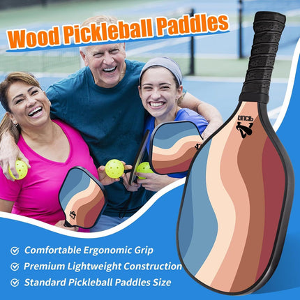Lightweight 9-Ply Hard Basswood Pickleball Paddle Set with Curved Stripes Design - 2 Durable Paddles + 4 Balls + Ball Mesh Bag + Carrying Backpack for Indoor & Outdoor Play - Professional Size Construction, Breathable Non-Slip Grip