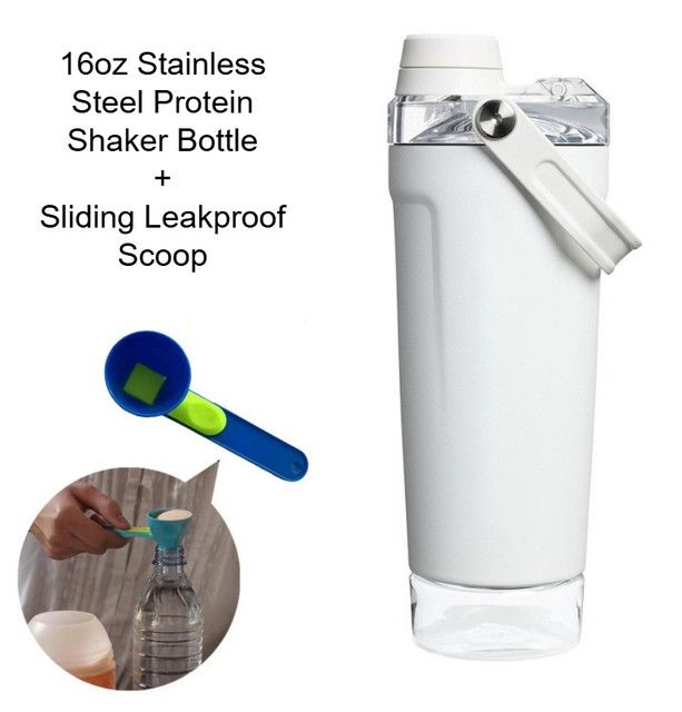 White protein shaker bottle with sliding anti-spill scoop and quick-open lid