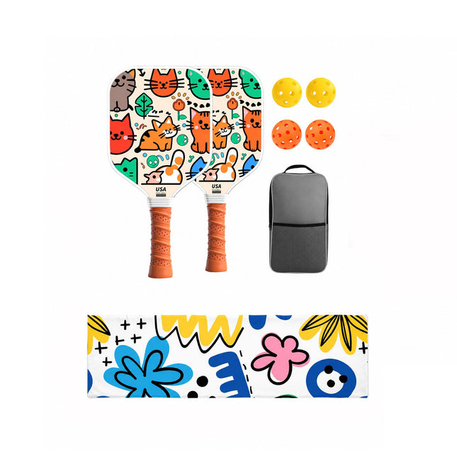 Juvenile Pickleball Paddle Set with Cooling Towel (Meow Paradise) , Cartoon Junior Paddles, Carry Bag and Indoor/Outdoor Balls for Children