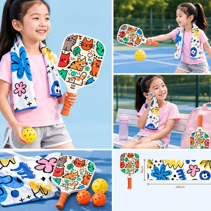 Juvenile Pickleball Paddle Set with Cooling Towel (Meow Paradise) , Cartoon Junior Paddles, Carry Bag and Indoor/Outdoor Balls for Children