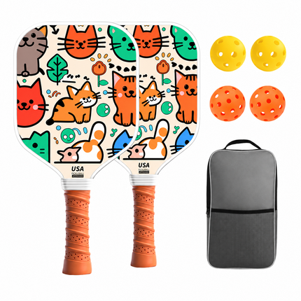 Juvenile Pickleball Paddle Set with Cooling Towel (Meow Paradise) , Cartoon Junior Paddles, Carry Bag and Indoor/Outdoor Balls for Children