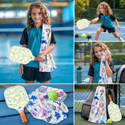 Children holding colorful cartoon pickleball paddles on a court, with a small ball