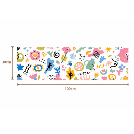 Printable towel illustration with colorful icons and arrows showing length and height