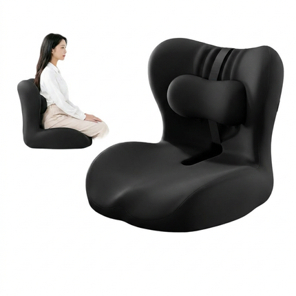 Black ergonomic seat cushion with integrated backrest, shown with seated user