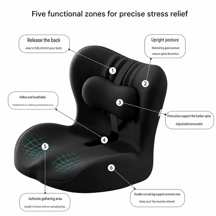 Black ergonomic memory foam chair seat cushion with integrated support spine