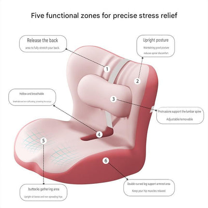 Red ergonomic seat cushion with numbered pressure-relief zones diagram