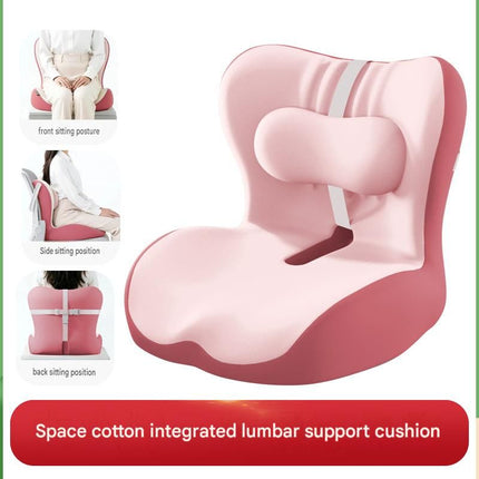 Pink ergonomic lumbar support cushion with integrated backrest, side view diagram
