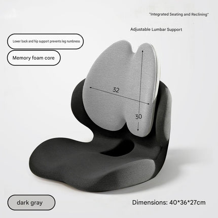 Dark gray ergonomic seat cushion with integrated backrest and adjustable lumbar support