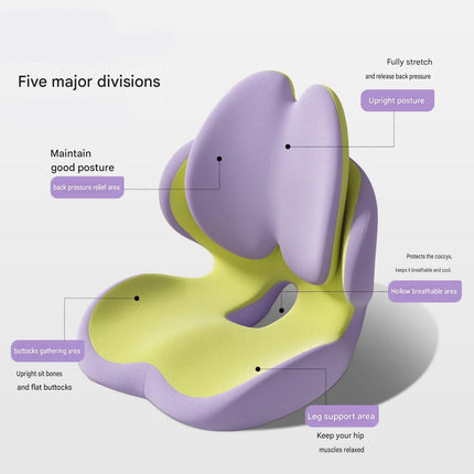 Segmented ergonomic seat cushion with pressure-relief zones, purple and green diagram