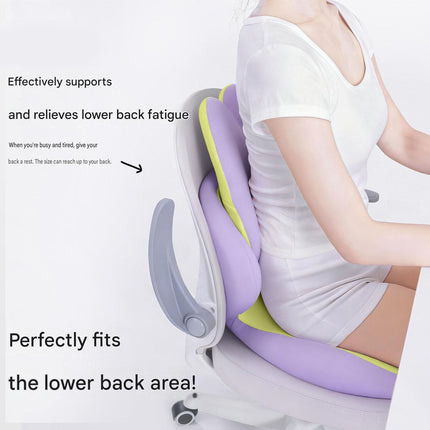 Purple ergonomic seat cushion with lumbar support, supporting lower back in use