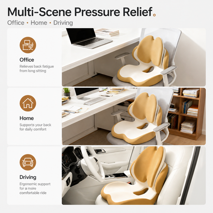 Cream seat cushion with integrated backrest and lumbar support, multi-use design view