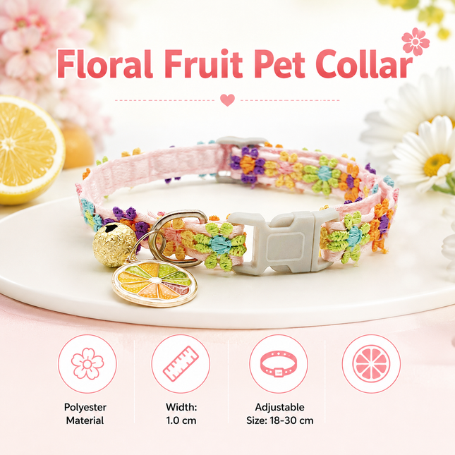 Adjustable floral pet collar with multicolor embroidery, gold bell and citrus charm