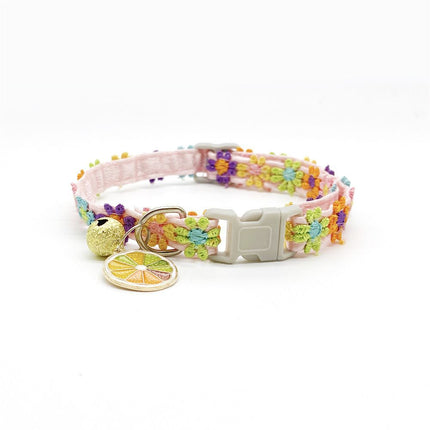 Adjustable floral pet collar with multicolor embroidery, gold bell and citrus charms