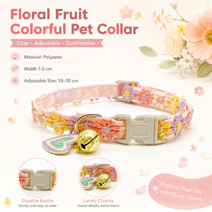 Floral lace pet collar, pink with colorful embroidery, heart charm, small bell, adjustable buckle.