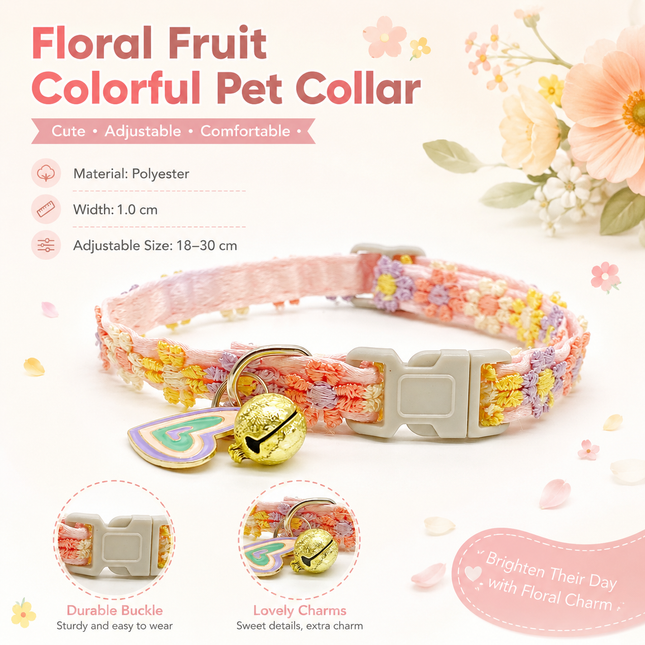 Floral lace pet collar, pink with colorful embroidery, heart charm, small bell, adjustable buckle.