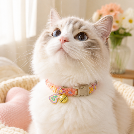 White cat wearing pink floral lace pet collar with heart charm and small gold bell.