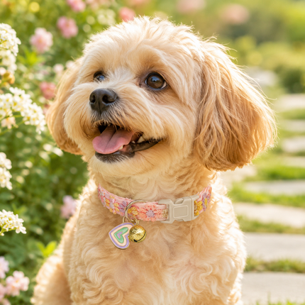 Tan dog wearing pink floral lace pet collar with heart charm and small gold bell.