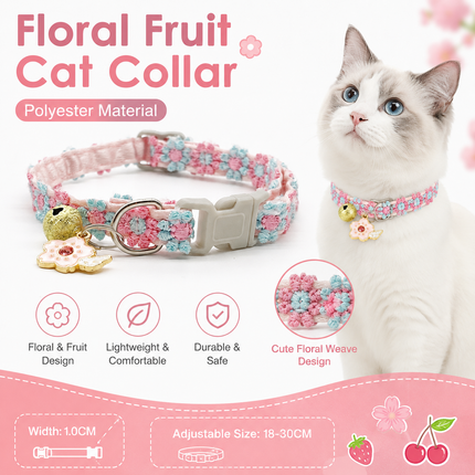Floral lace cat collar with charm and adjustable buckle, pastel pink and blue embroidered trim