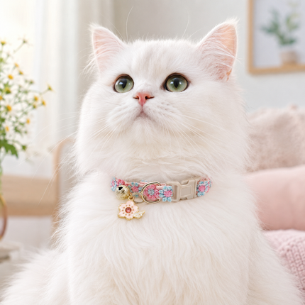 Floral lace adjustable pet collar with pastel embroidered trim and dangling charm on a white cat