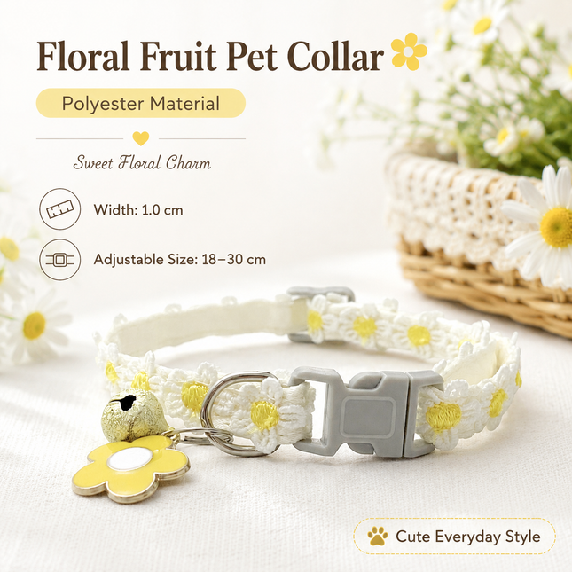 Adjustable white floral lace pet collar with yellow daisies, bell and flower charm