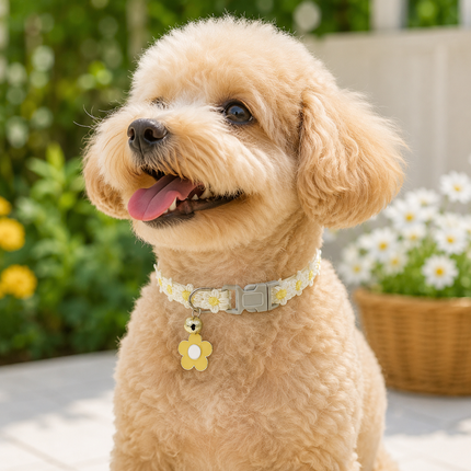 Dog wearing adjustable white floral lace pet collar with yellow daisy details and bell