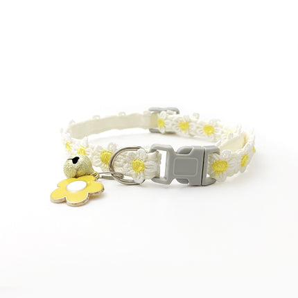White floral lace pet collar with yellow daisies, adjustable buckle, bell and charm