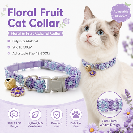 Purple floral lace pet collar with bell charm and adjustable buckle on cat