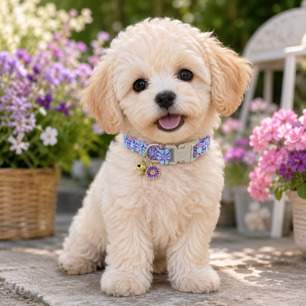 Blue-purple embroidered pet collar with bell charm and adjustable buckle on small dog
