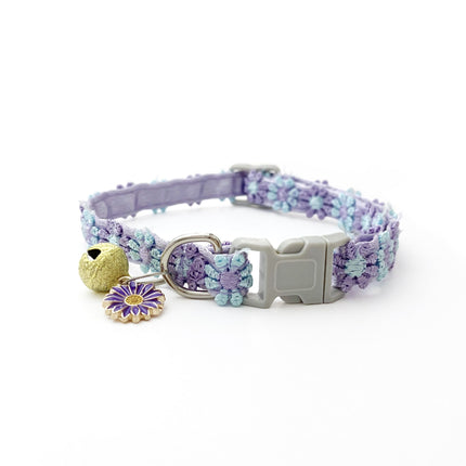 Purple floral lace pet collar with bell charm, adjustable buckle, flower decoration