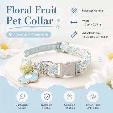 Adjustable blue floral lace pet collar with bell and dangling flower charms