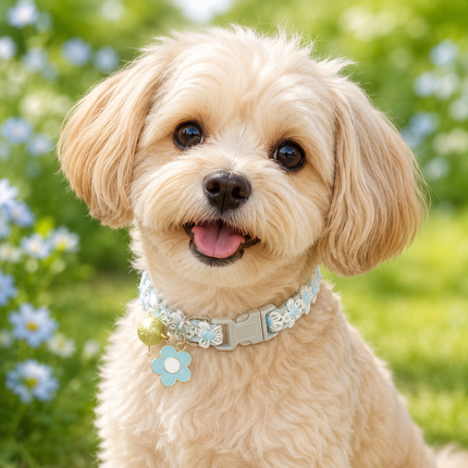 Blue floral embroidered pet collar with bell and flower charms on a tan dog