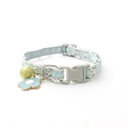 Blue floral lace pet collar with adjustable buckle, bell, and flower charms