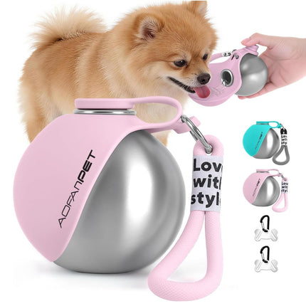 Pink dog water dispenser bottle with metal drinking bowl and spout, hand-held