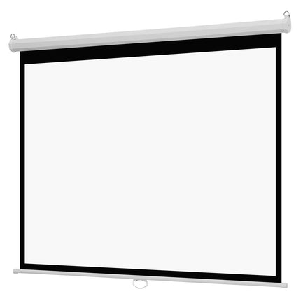 Manual retractable wall-mounted projector screen with white casing and pull cord, blank view