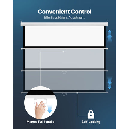 Manual pull-down projector screen control diagram with height adjustment and pull handle