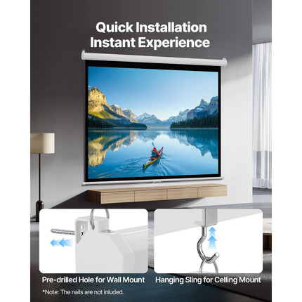 Retractable projector screen installed with hanging ceiling mount hook and wall-mount hole