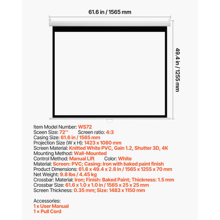 Retractable wall projector screen technical diagram with dimensions and white housing