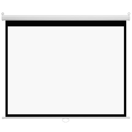 Wall-mounted retractable projector screen with white casing, black border, blank screen