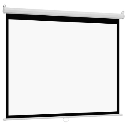Manual pull-down projector screen with white housing and black frame, blank view