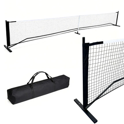 Portable pickleball net with black metal frame and white PE mesh