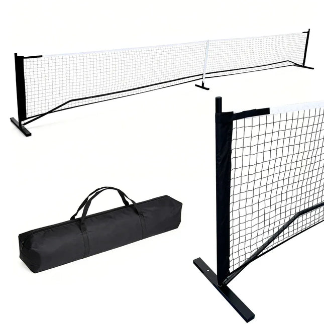 Portable pickleball net with black metal frame and white PE mesh