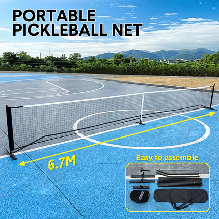 Pickleball net on court with black upright posts and taut white mesh