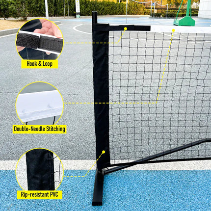 Reinforced corner of pickleball net with double-stitched black frame cover