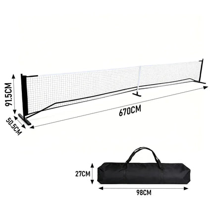 Portable pickleball net with black frame and black carry bag