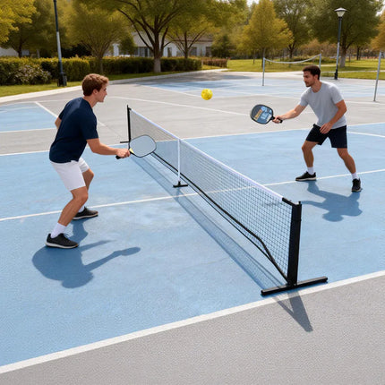 Pickleball net set up with two players rallying on outdoor court