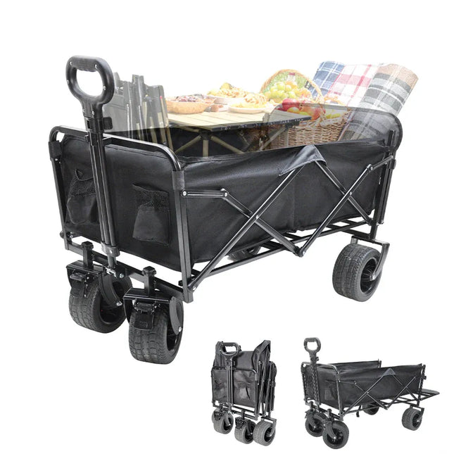 Black foldable utility wagon cart with side panels, tabletop, and large all-terrain wheels